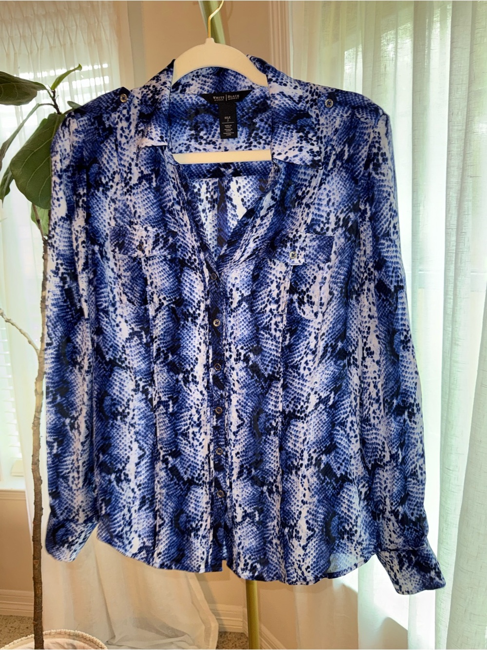 Silk White House Black Market Blue Snake-Print Button-Down Shirt